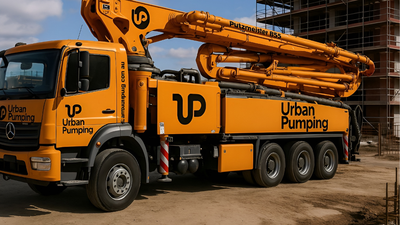 Urban Pumping truck positioned on site with boom folded, ready for safety checks and setup before concrete pumping on a Melbourne construction project.