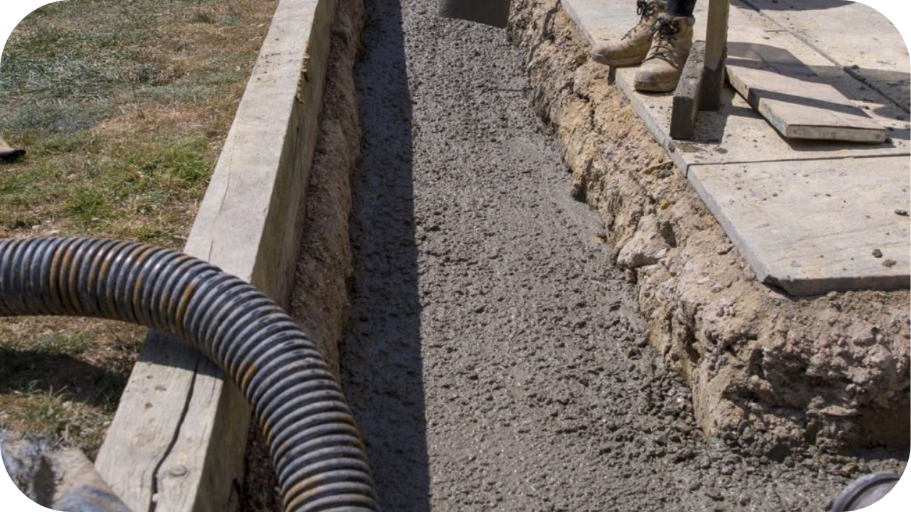 Fresh concrete filling a long trench footing while a pump hose and worker boots sit nearby, showing careful preparation before pumping begins on site.