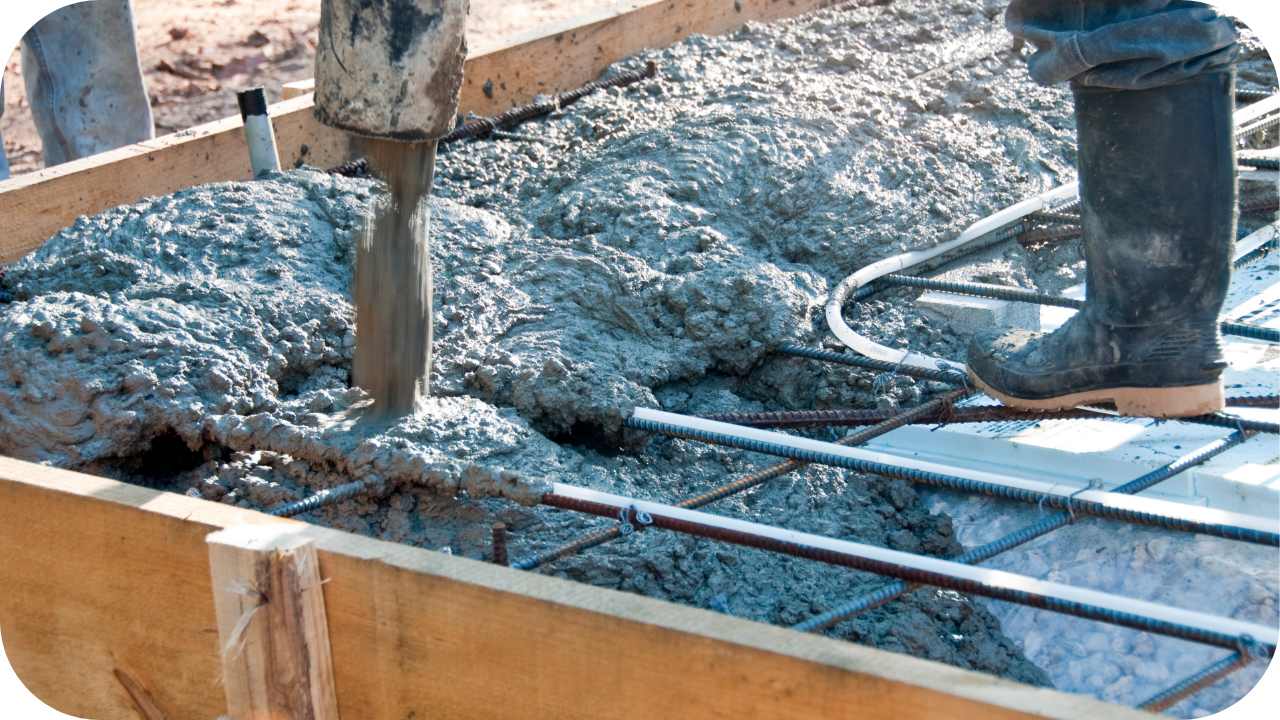 Worker guiding pumped concrete into a reinforced form while managing flow and coverage, showing the challenges of footing pours on residential projects.
