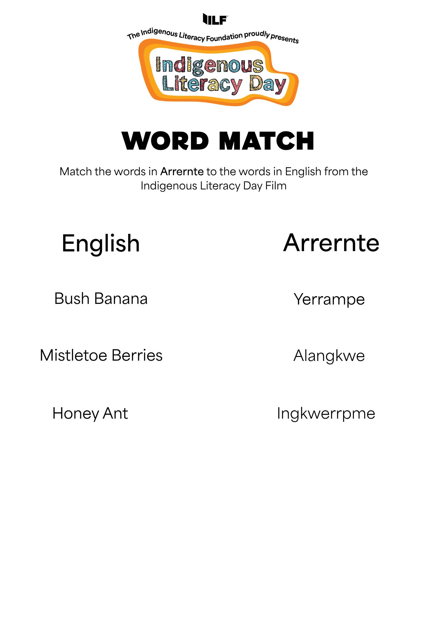 Arrernte Word Match Worksheet