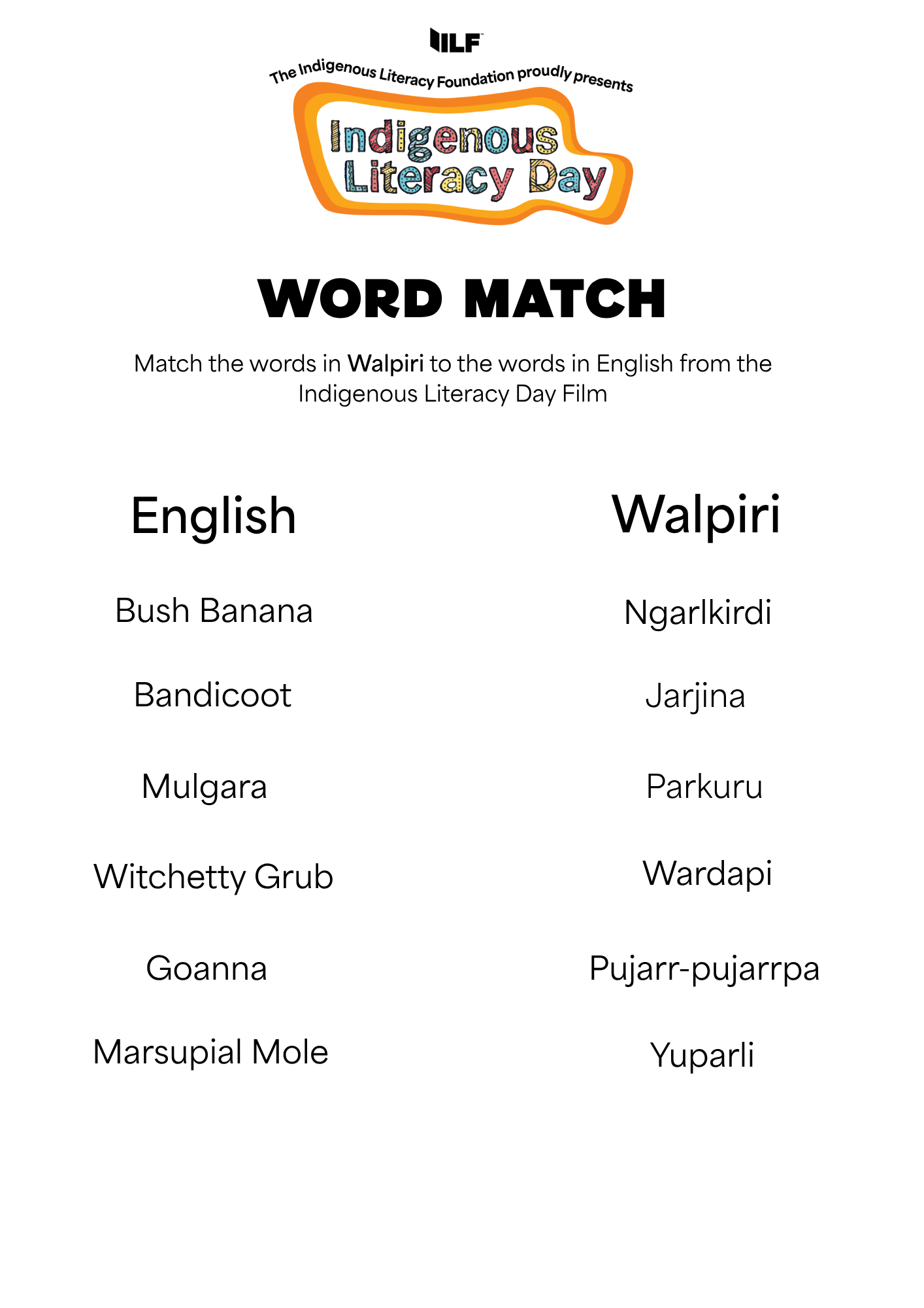 Walpiri Word Match Worksheet