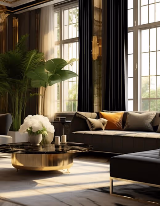 Cozy living room with an off-white sectional sofa, textured brown pillows, a rustic wooden coffee table on a woven round rug, dried pampas grass in a woven basket, and abstract wall art in warm neutral tones.