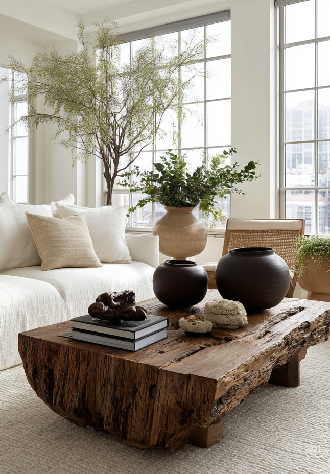 Bright living room with a rustic wooden coffee table holding decorative black and beige vases, books, and natural elements, next to a white sofa and large windows.