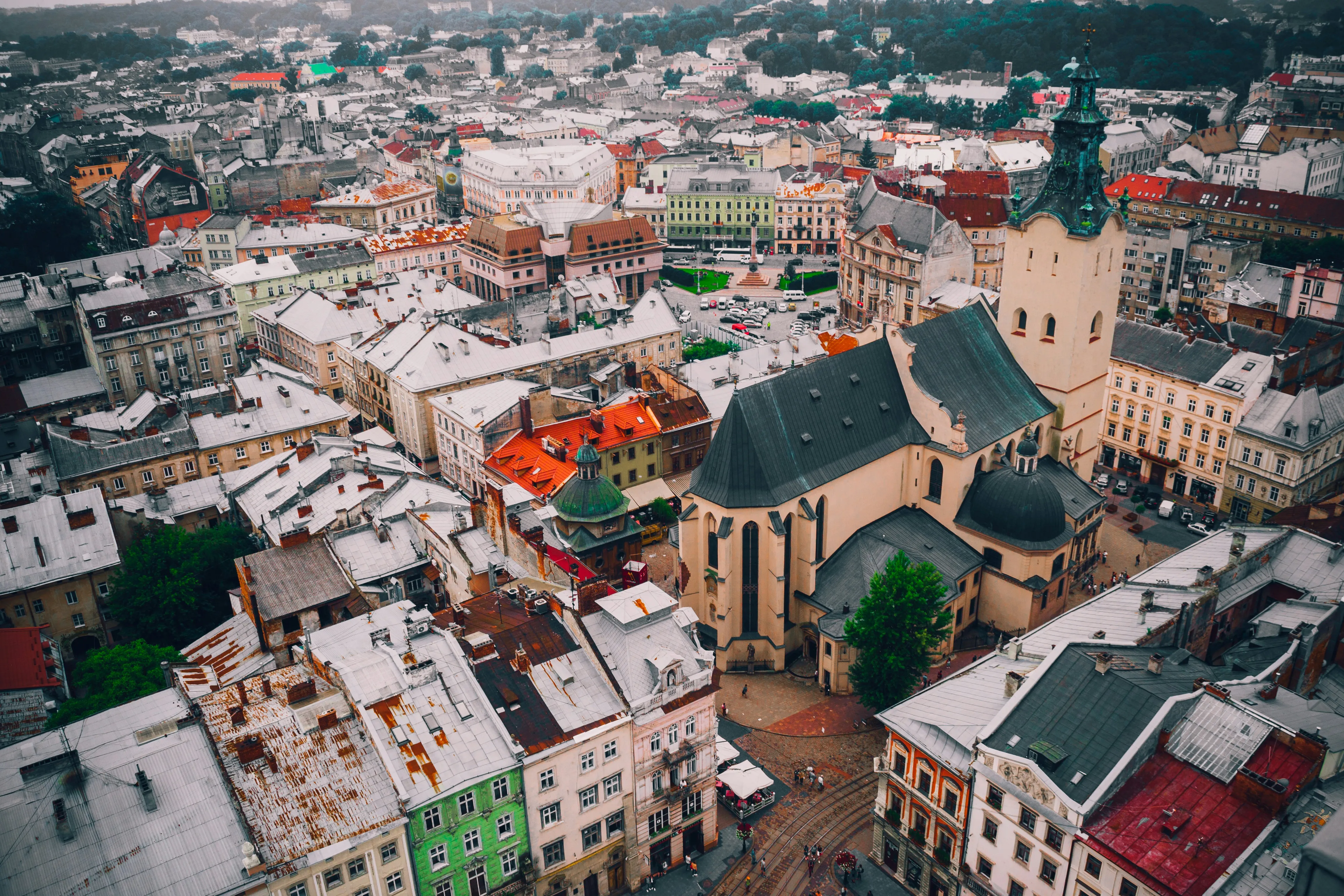 An aerial view of a city with many buildings.