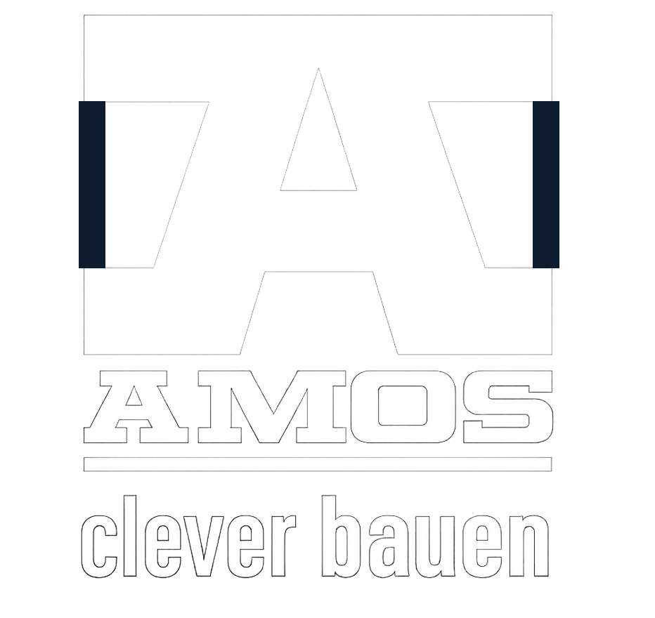AIMOS clever bauen Logo mit geometrischen Formen und schwarzen Seitenbalken