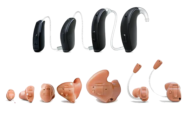 Various black behind-the-ear and beige in-the-ear hearing aids arranged side by side in two rows on a white background.