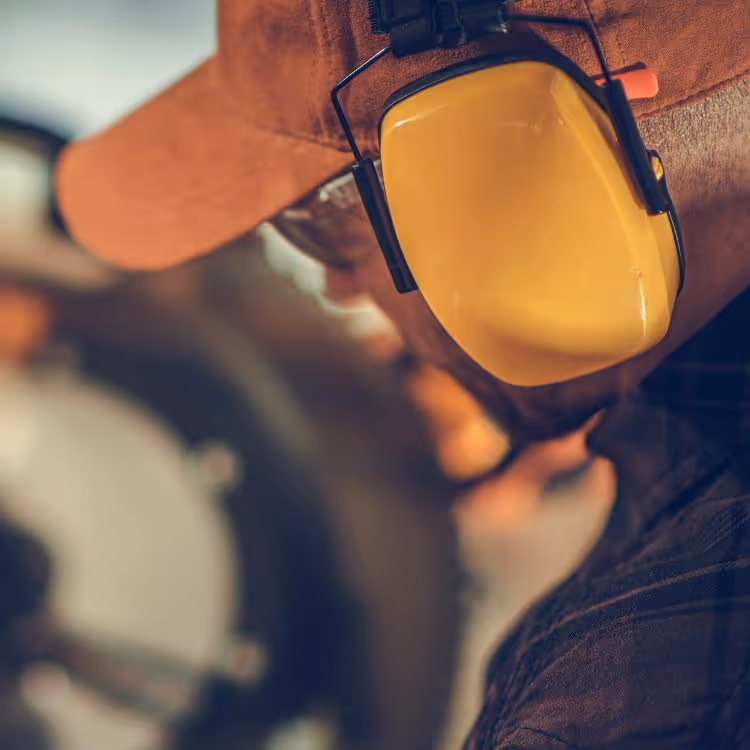 Man wearing yellow hearing protection earmuffs and a brown cap, working near machinery.