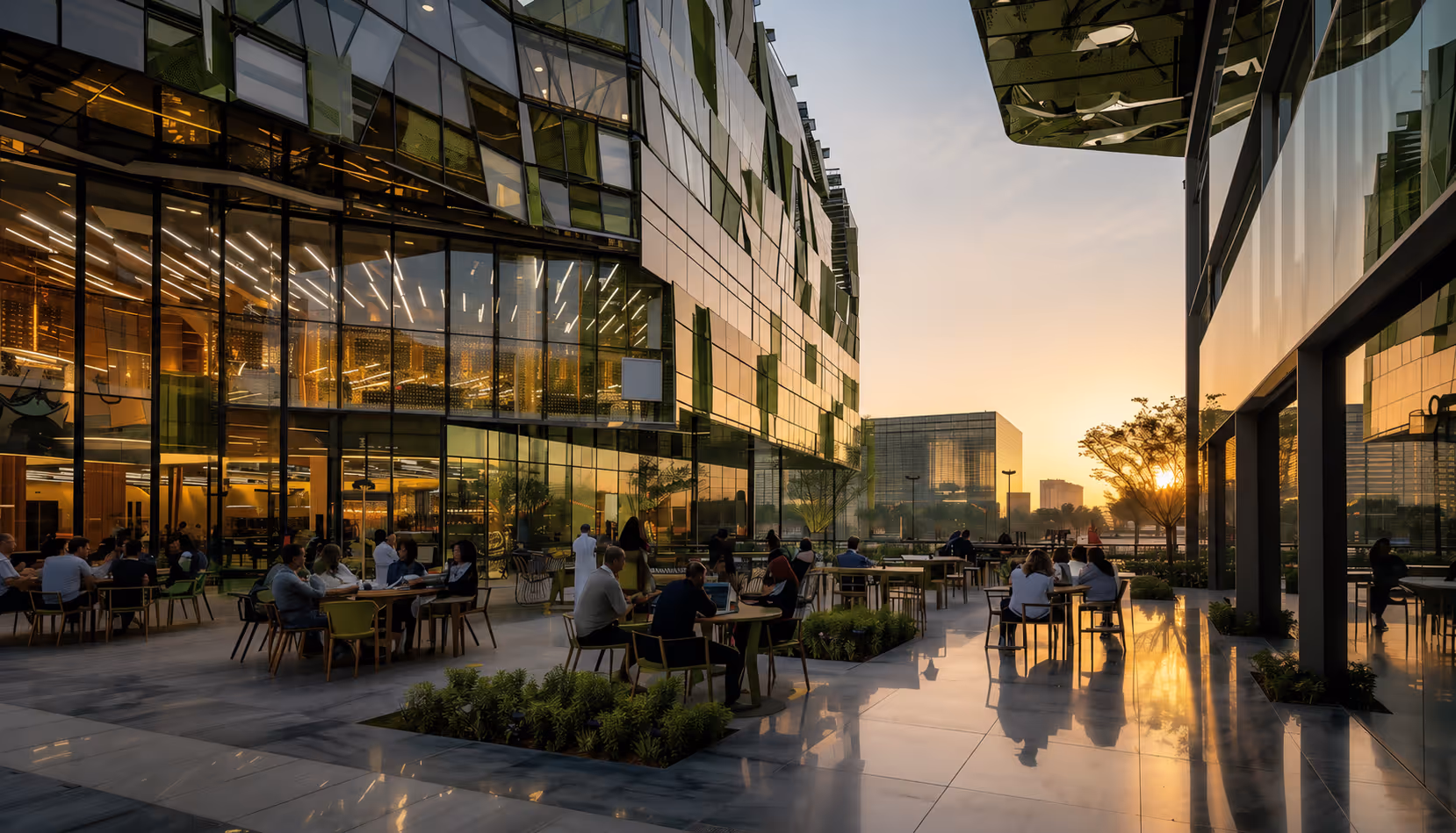 Outdoor cafe seating with people near modern glass buildings at sunset reflecting warm light.