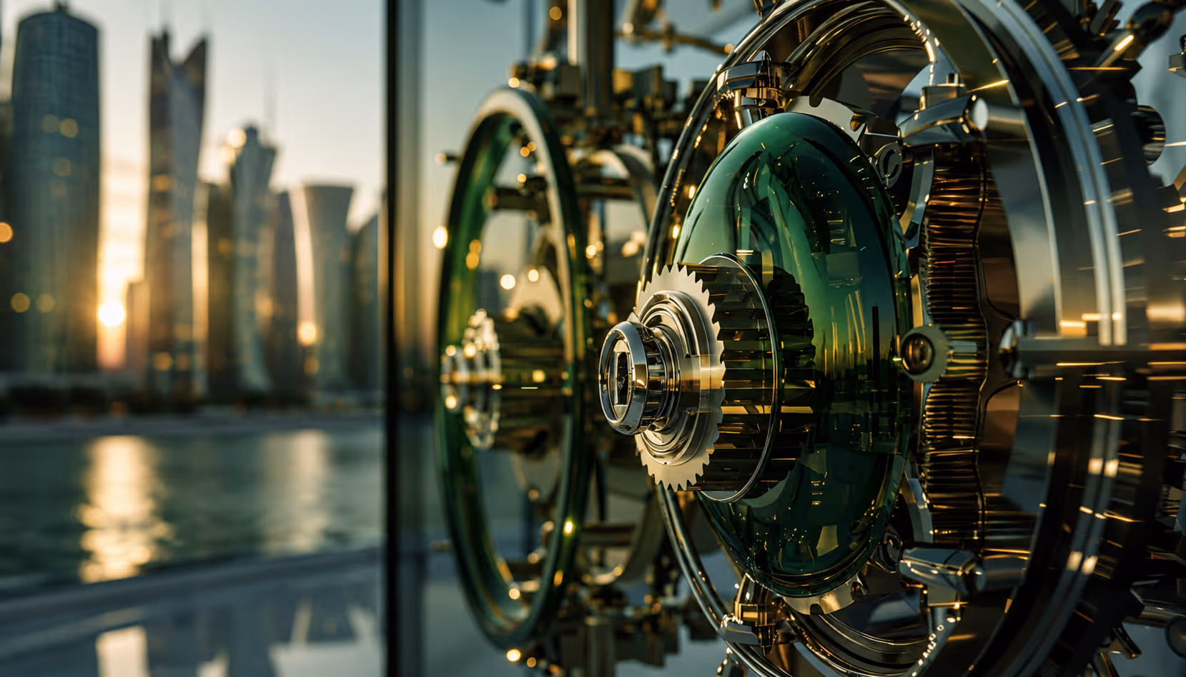 Close-up of large glass and metal gears with a city skyline and water at sunset in the background.