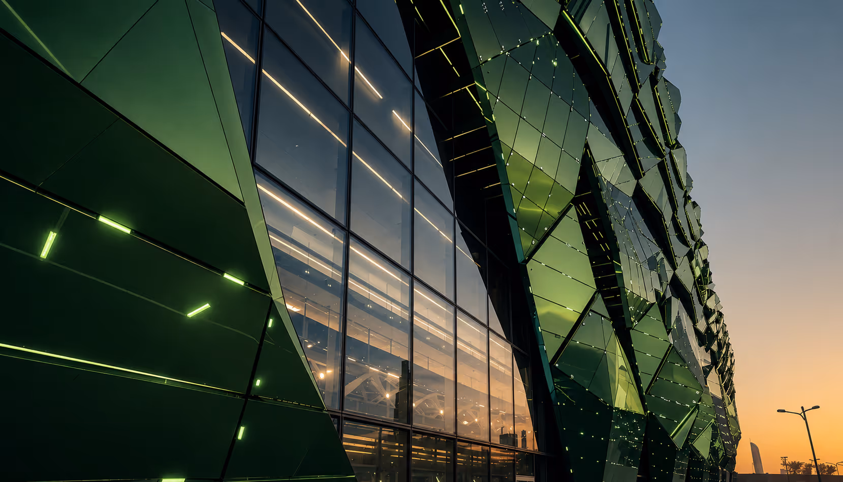 Modern building facade with green geometric panels and large reflective glass windows at sunset.