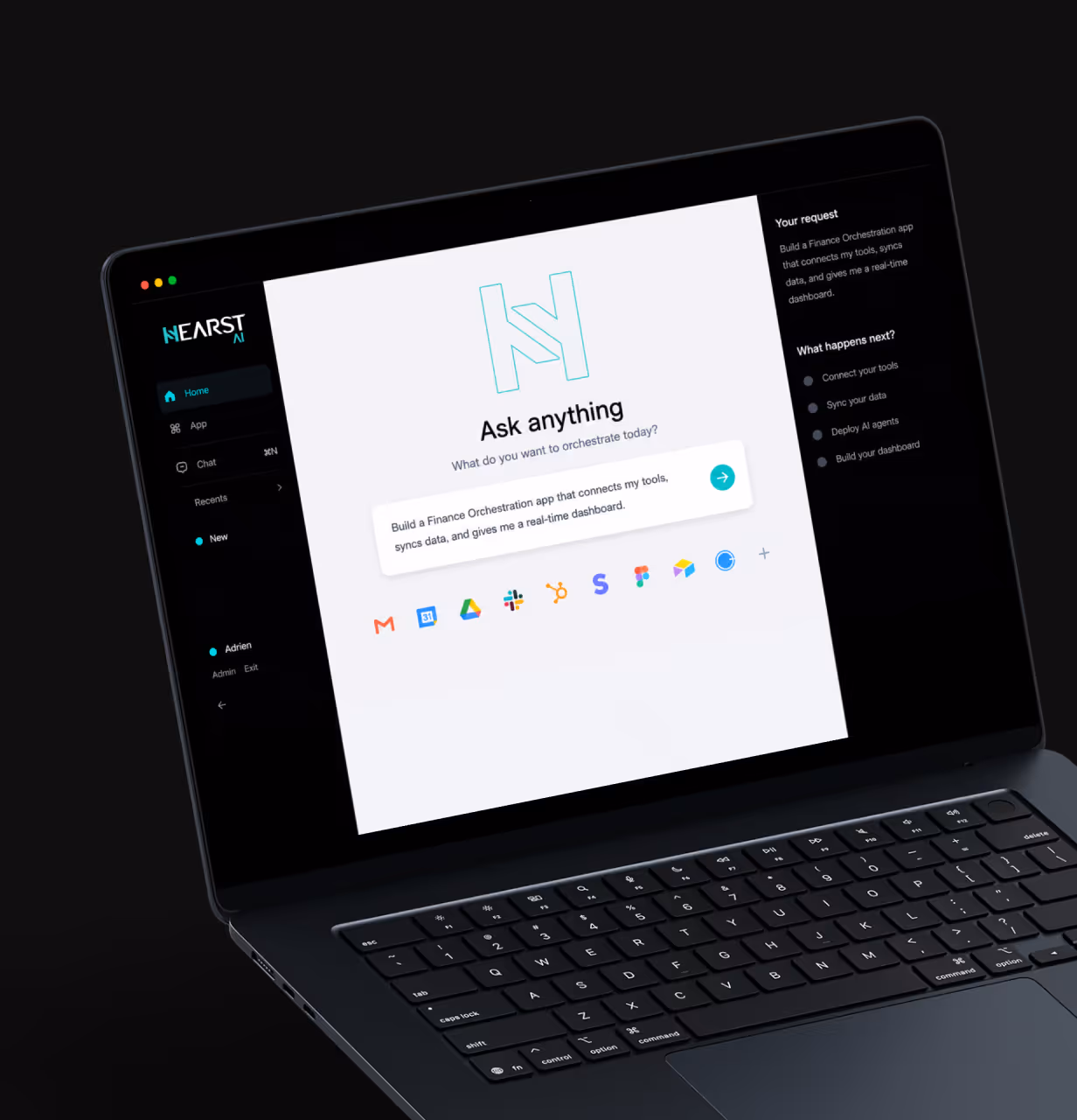 Laptop screen showing Nearst AI app interface with ask anything prompt and app connection icons.