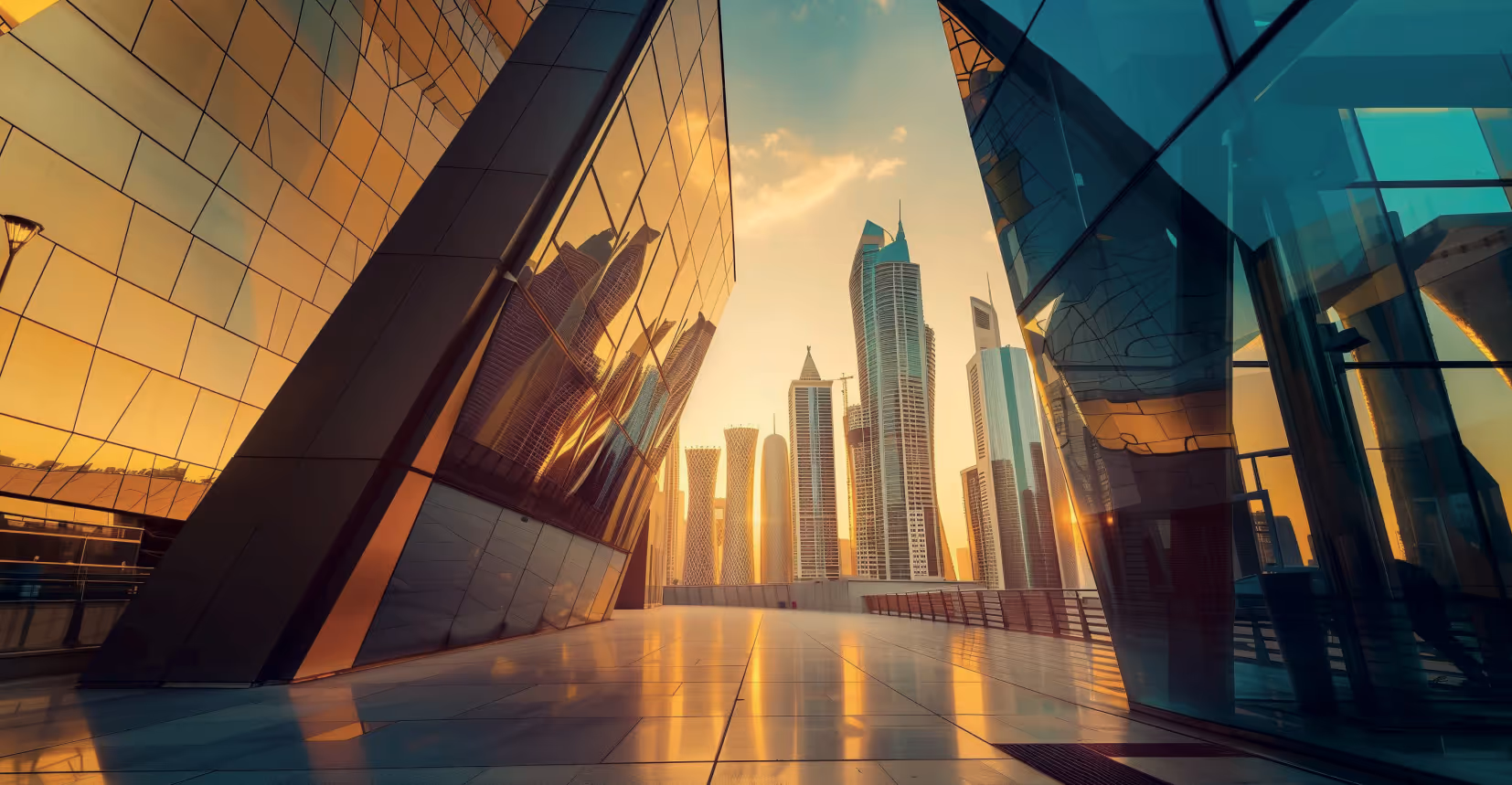 City skyline with modern skyscrapers viewed between reflective glass buildings at sunset.