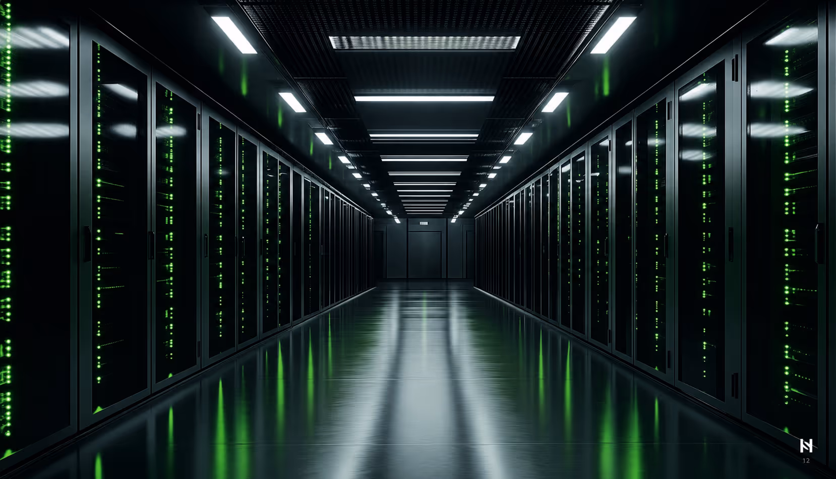 Panes of server racks with green indicator lights line a dark, reflective floor data center corridor.