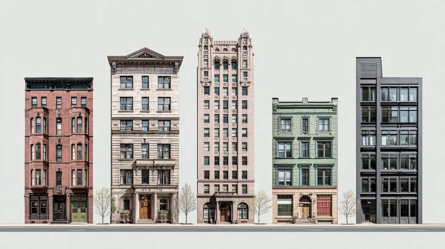 Modern and historic multifamily and mixed use residential buildings lined up side by side in an urban streetscape comparison.