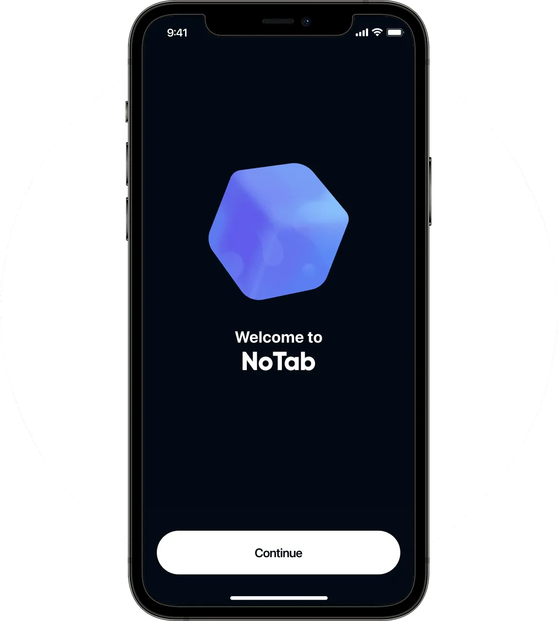 Smartphone screen displaying a welcome message for NoTab with a blue hexagonal logo and a white Continue button.
