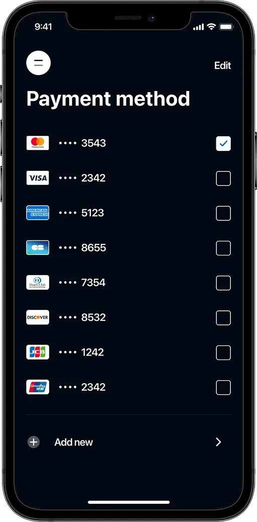 Mobile screen showing payment method selection with Mastercard, Visa, American Express, and other card options. Mastercard ending in 3543 is selected.