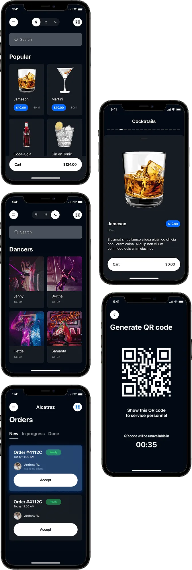 Smartphone screens showing a dark-themed app with drink menu, dancer profiles, order management, cocktail details, and a QR code generator.