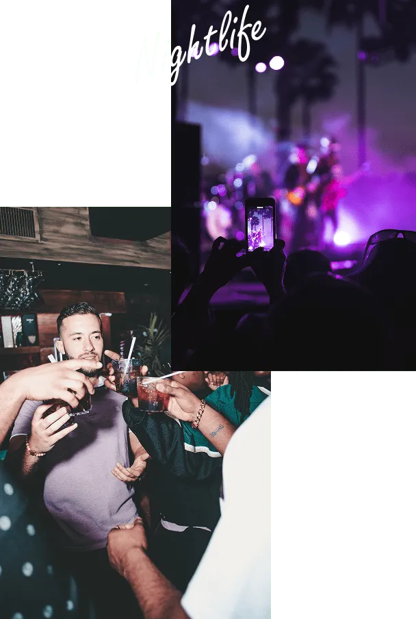 People clinking drinks in a lively indoor party and a silhouette of a person recording a purple-lit concert with a phone.