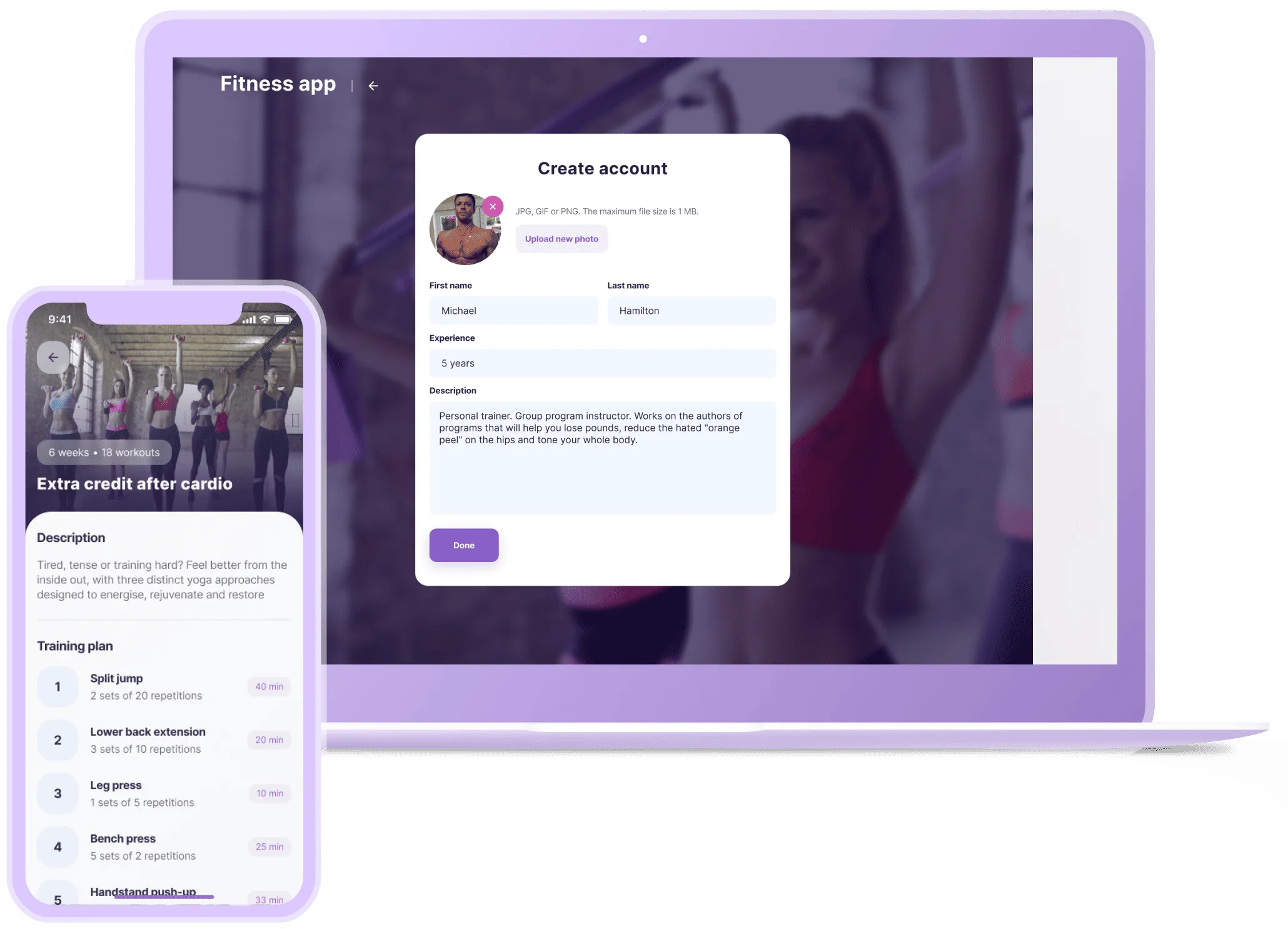 Purple laptop and smartphone screens displaying a fitness app with workout plans and a create account form.