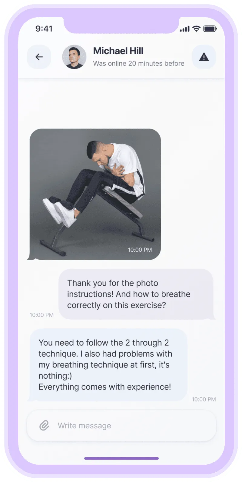 Chat conversation with Michael Hill showing a photo of a man performing an abdominal exercise on a decline bench, followed by messages discussing breathing technique.