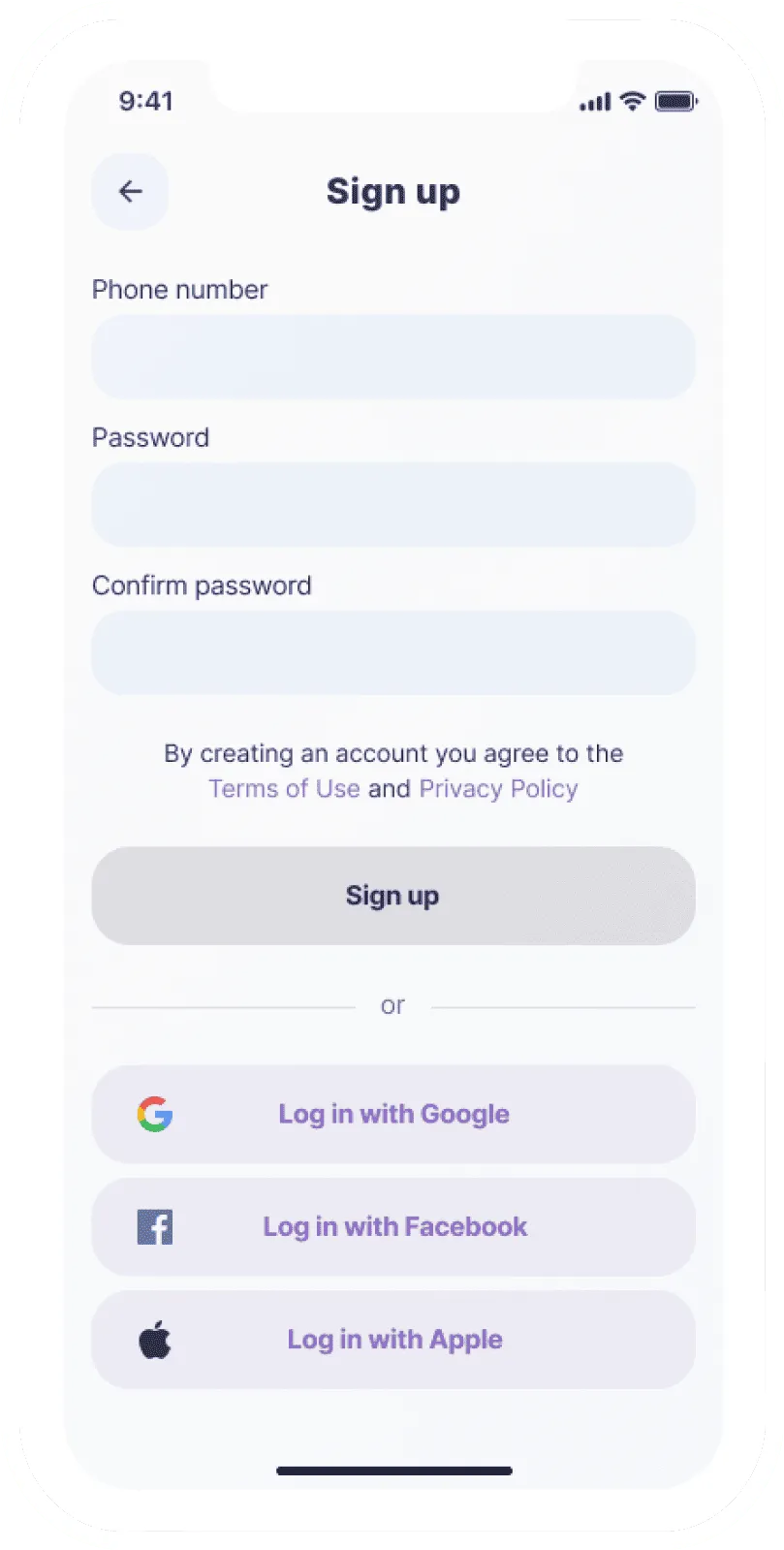 Mobile sign up screen with fields for phone number, password, and confirm password, plus sign up button and options to log in with Google, Facebook, or Apple.