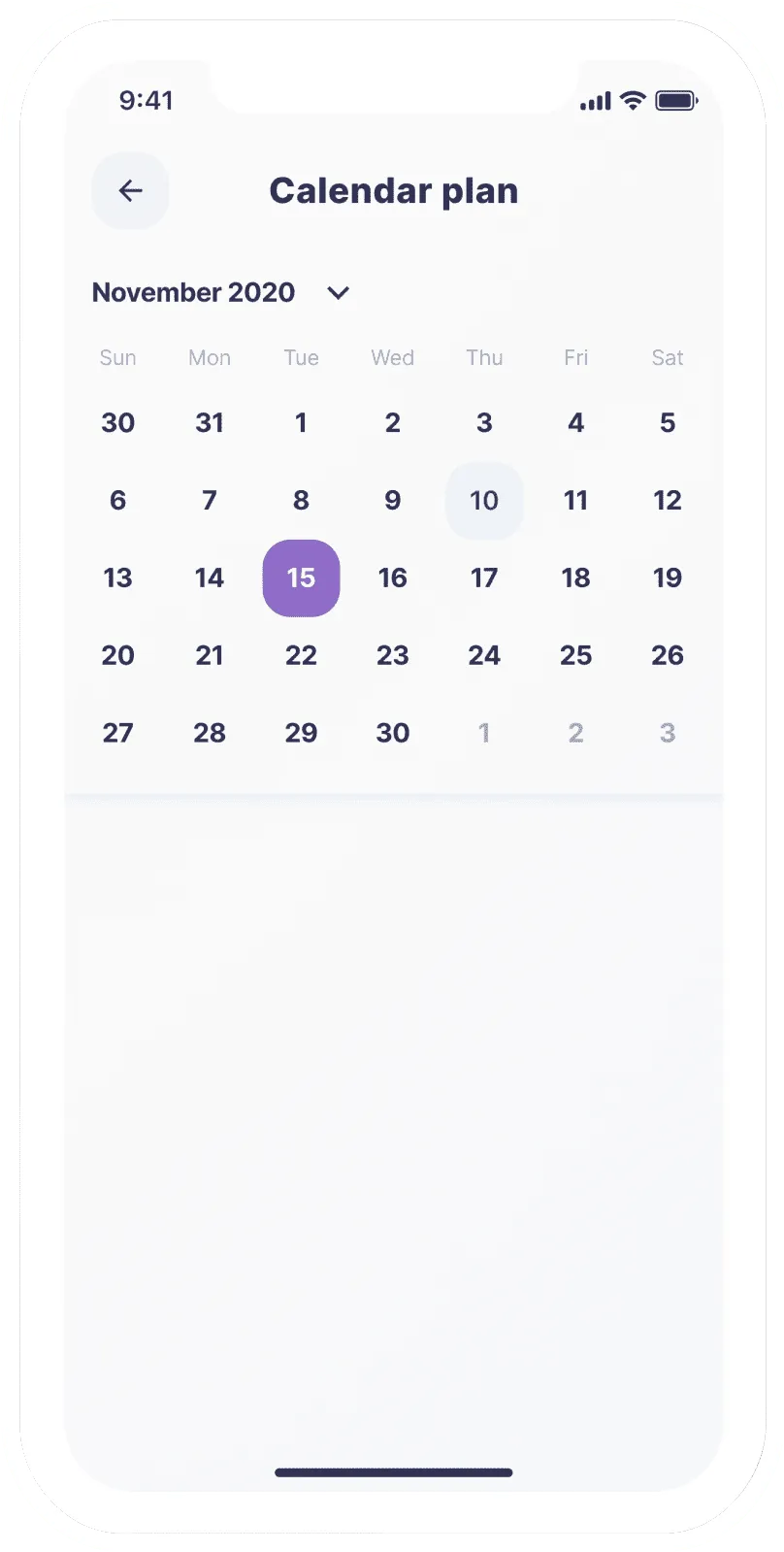 Mobile phone screen showing a November 2020 calendar with the 15th highlighted in purple and the 10th circled.