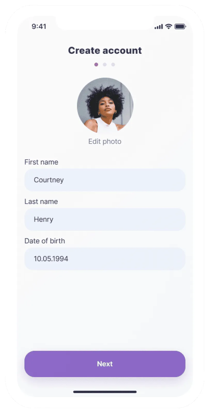 Mobile screen with a Create Account form showing a profile photo, fields for first name Courtney, last name Henry, and date of birth 10.05.1994, with a purple Next button at the bottom.