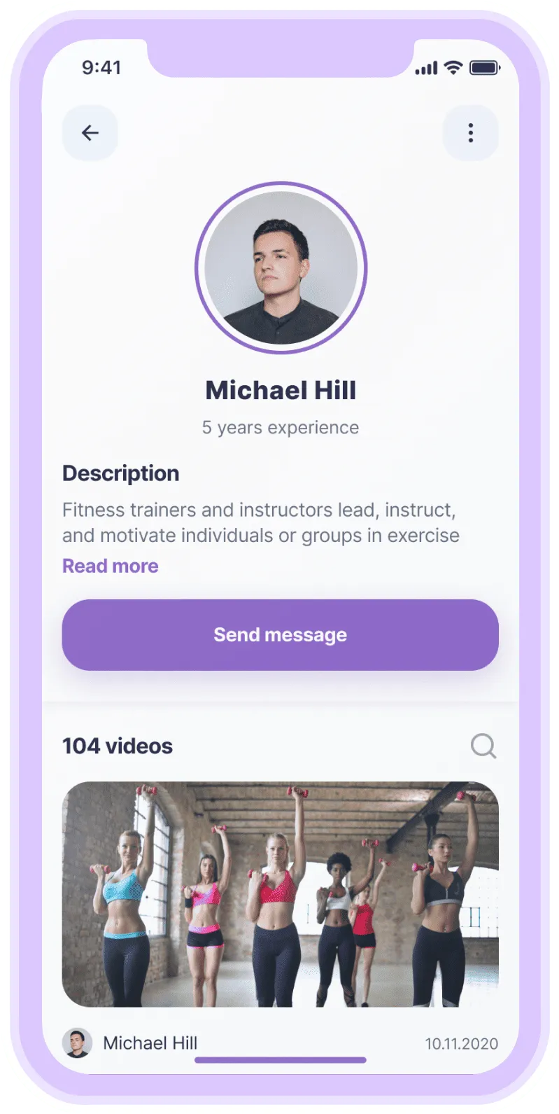 Mobile profile page showing fitness trainer Michael Hill with 5 years experience, a description, and a video thumbnail of a group exercise class.