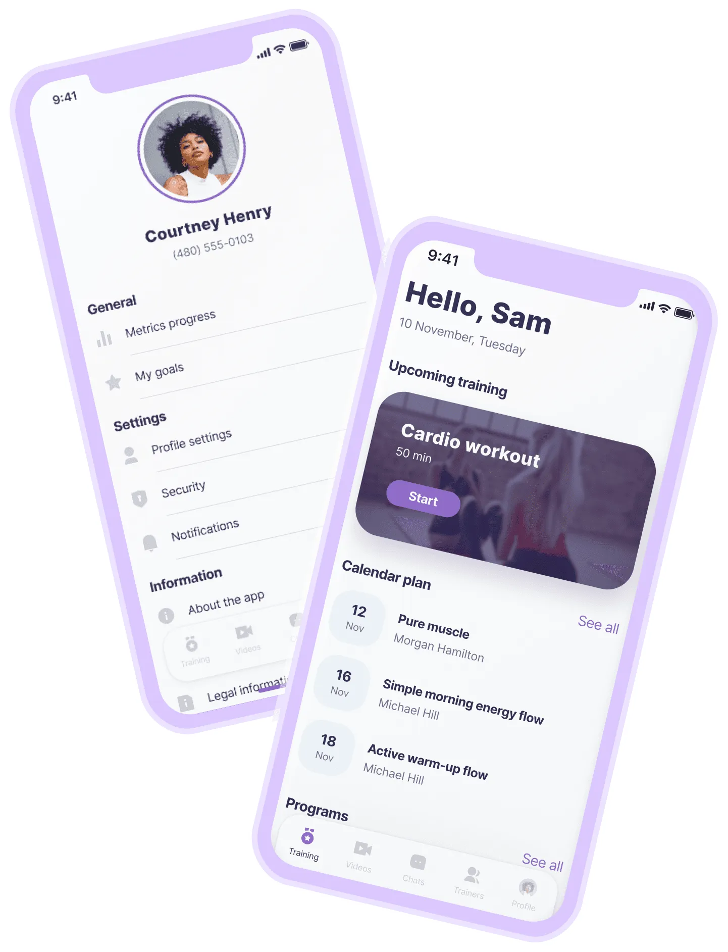 Two angled smartphone screens showing a fitness app with user profiles, workout plans, and navigation menu.
