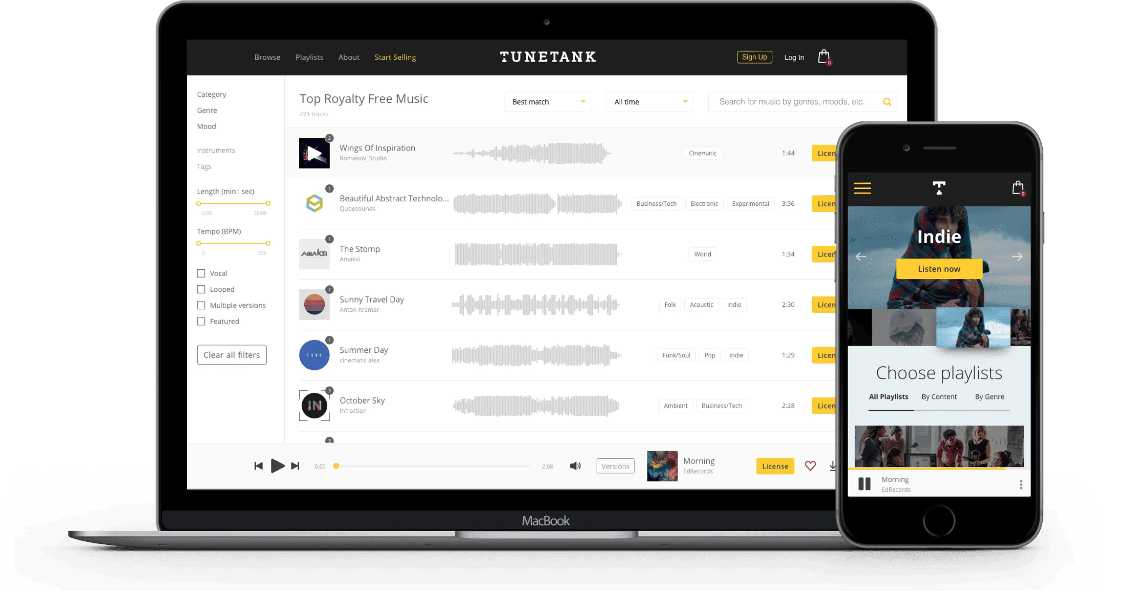 MacBook and smartphone displaying TuneTank music platform with playlist, genre filters, and playback controls.