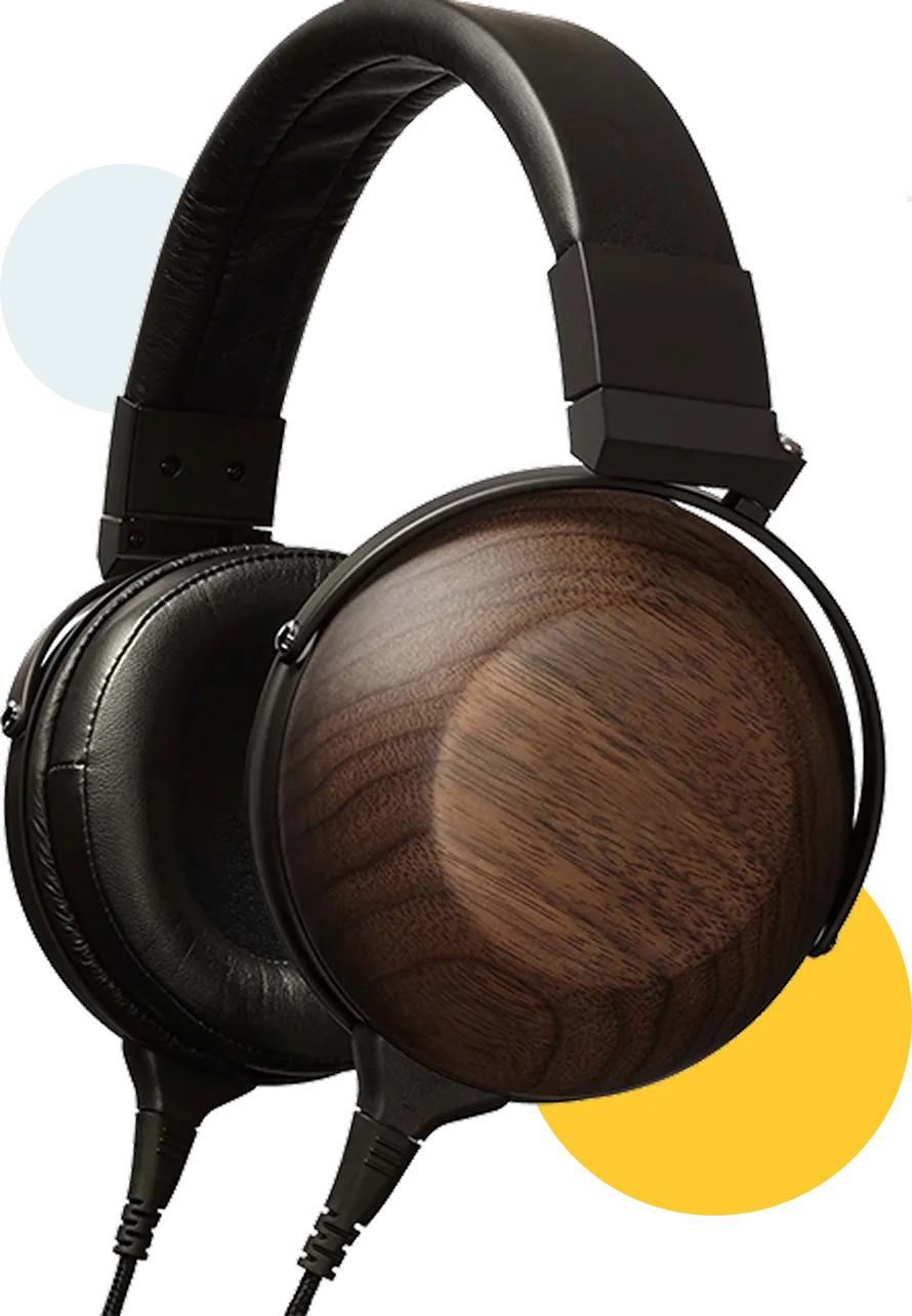 Over-ear wired headphones with black padded headband and ear cushions, featuring wooden ear cups.