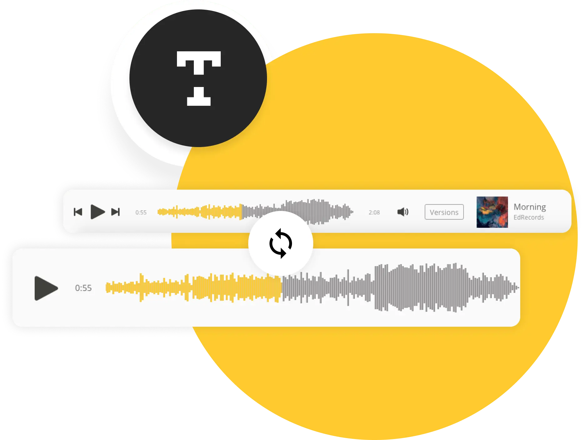 User interface showing two audio players with yellow and gray waveforms, play buttons, and a refresh icon, against a large yellow circle background.