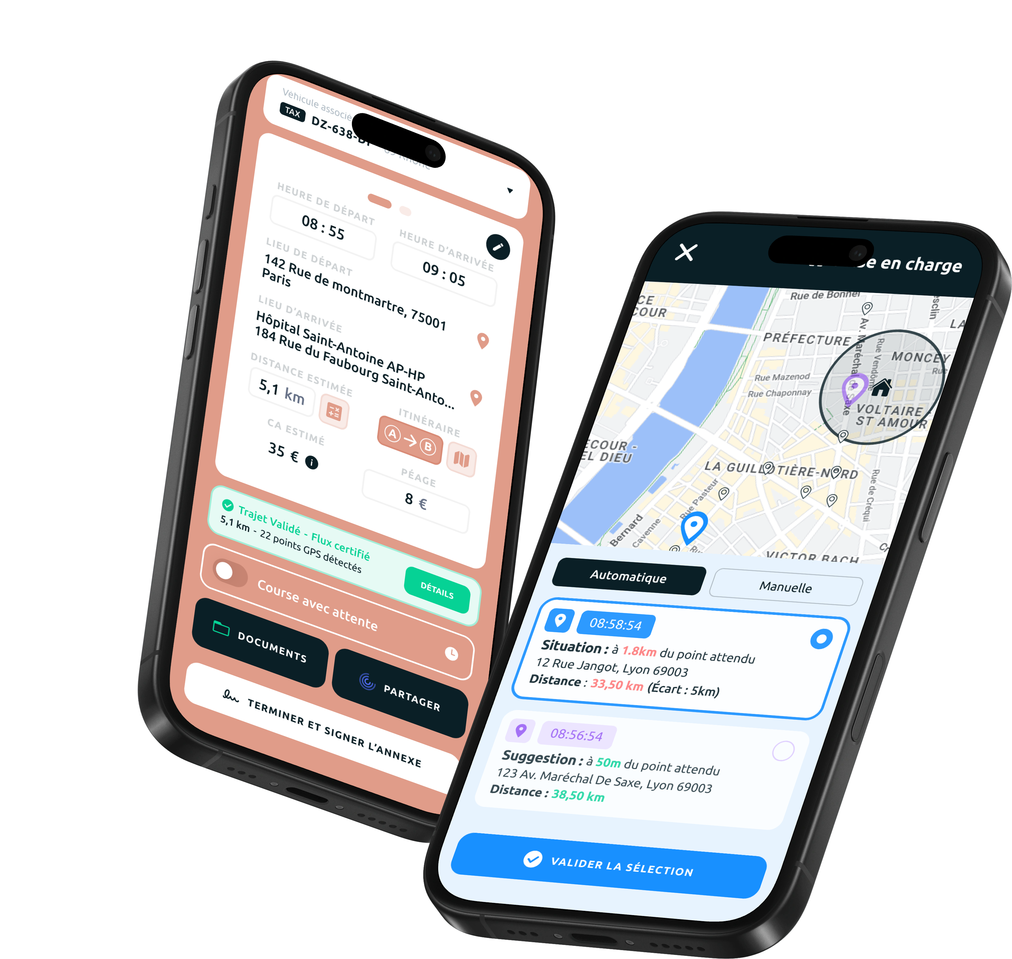 Application Caree : détail d'une course avec trajet validé par flux GPS certifié et sélection du point de prise en charge sur la carte