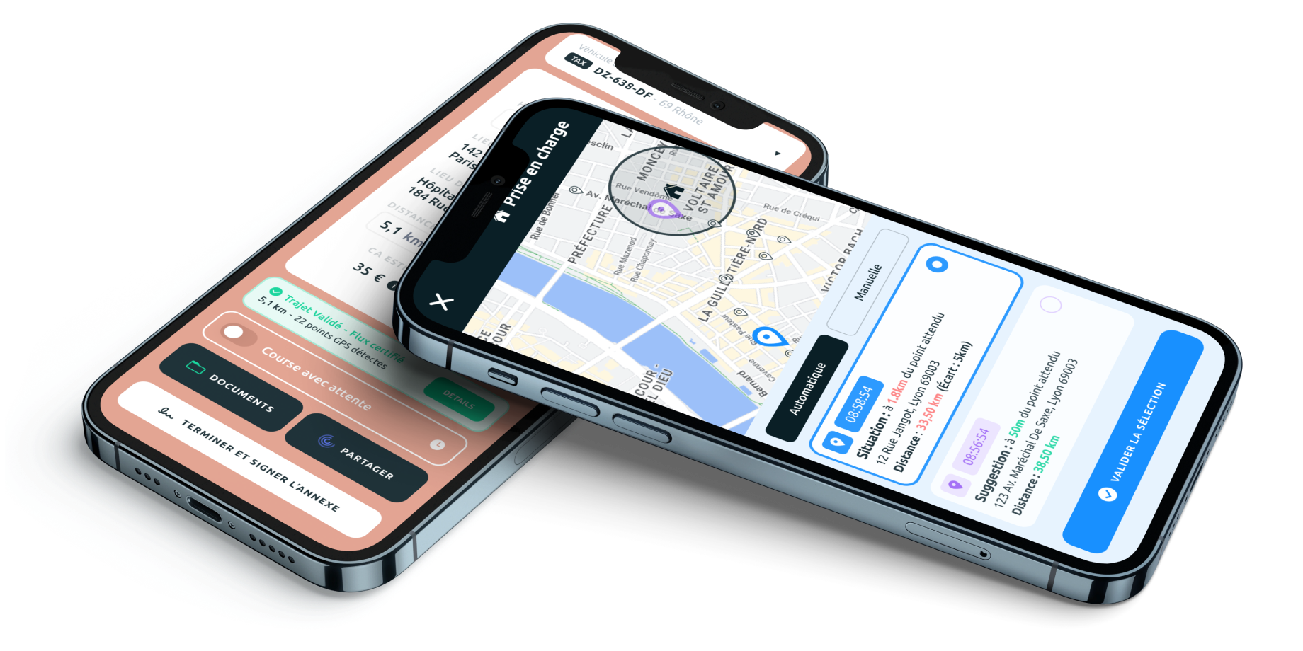 Taxi conventionné équipé d'un boîtier SEFI et suivi par géolocalisation dans l'application Caree