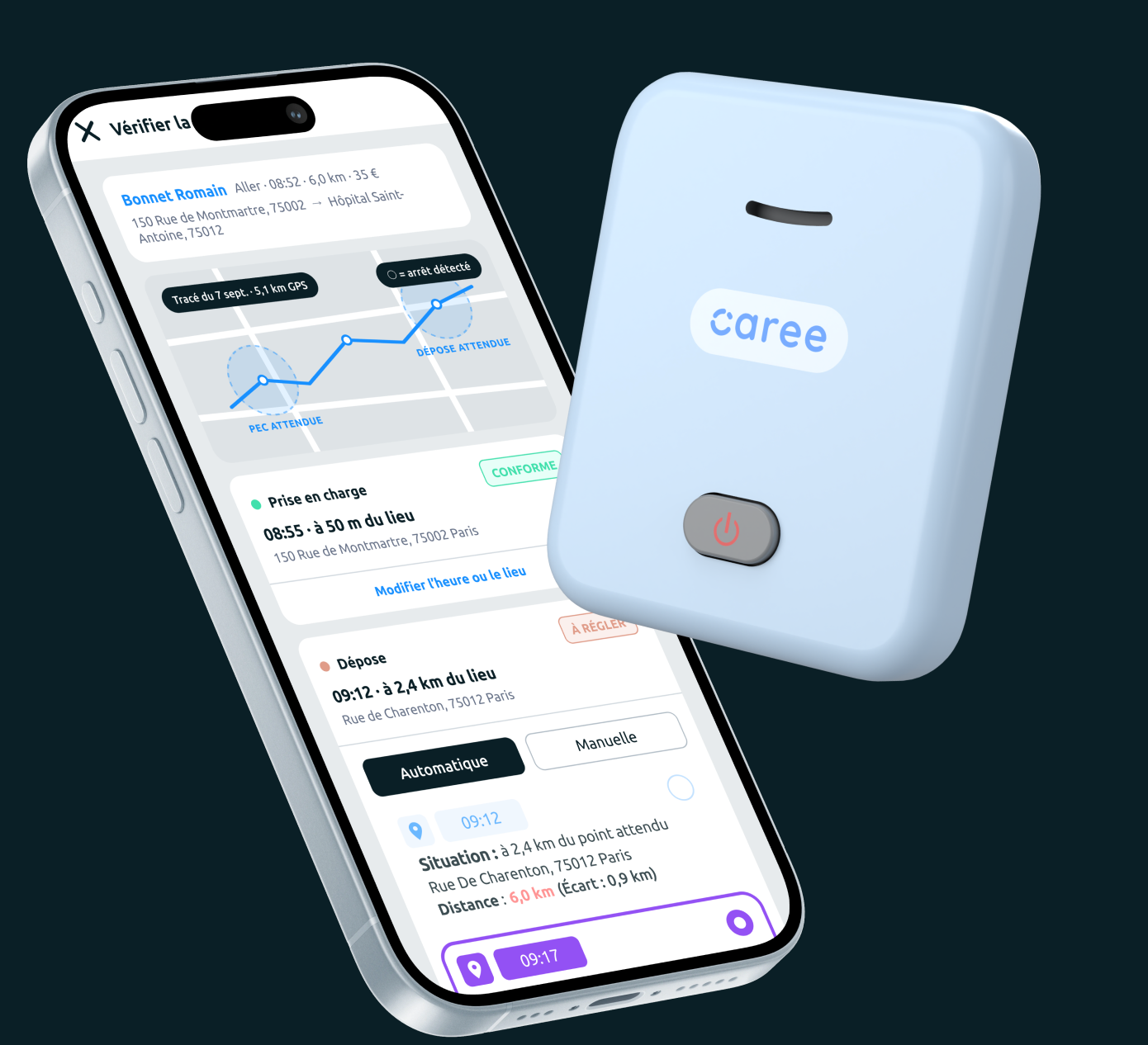 Le tracker de géolocalisation Caree posé devant un téléphone affichant l’application