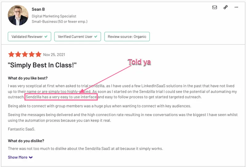 Customer review by Sean B, Digital Marketing Specialist, praising Sendzilla for its easy-to-use interface and effective automation, highlighting positive outreach and connection with key audiences.