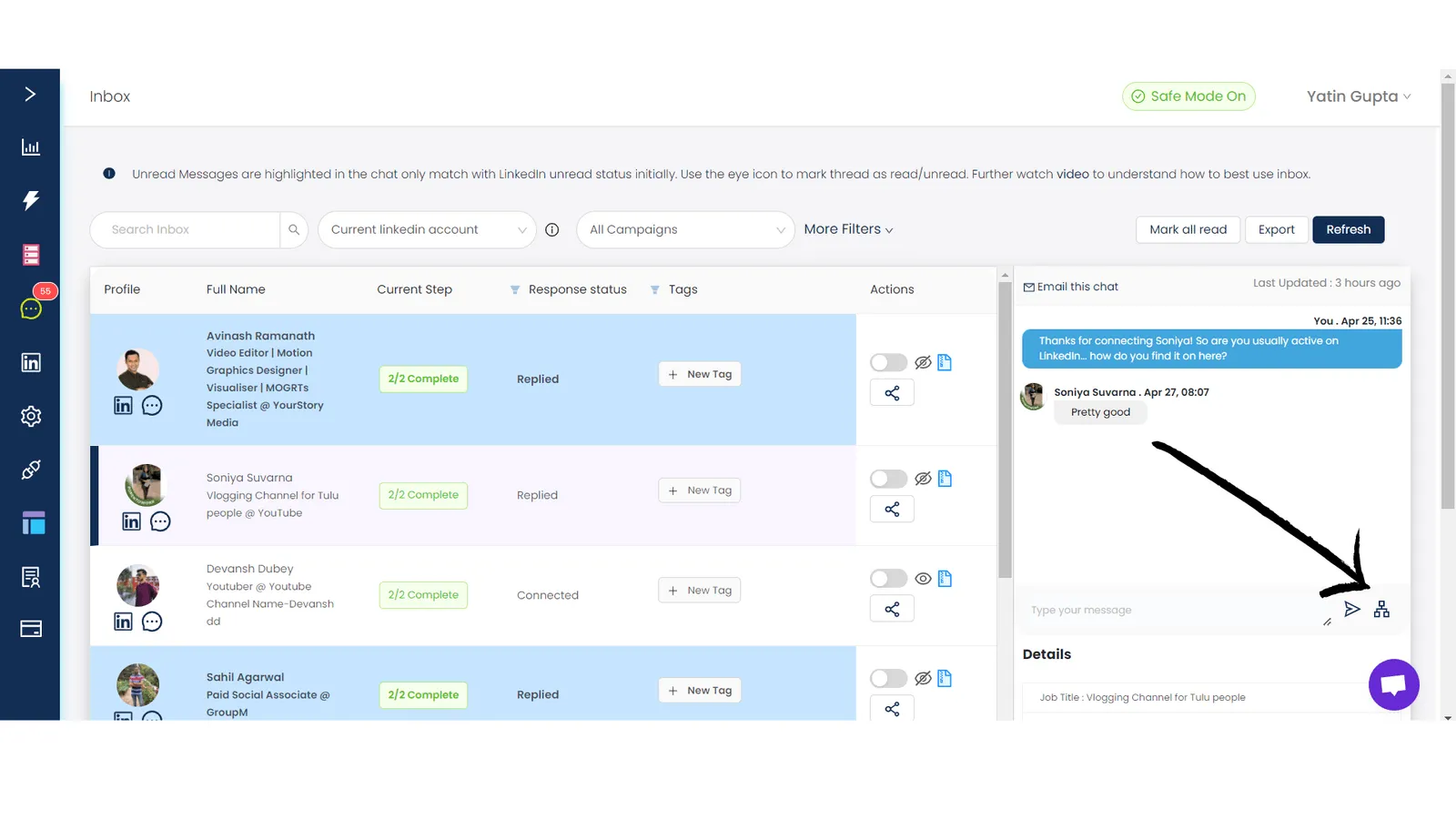Inbox interface showing a list of LinkedIn contacts with profile pictures, names, job titles, response status, tags, and actions; a chat window with a conversation and a large arrow pointing to the send message icon.