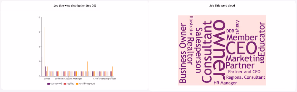 Two side-by-side visualizations: on the left, a bar chart showing job title distribution with 'owner' as the highest category; on the right, a word cloud featuring job titles like Owner, CEO, Consultant, and Marketing in varying sizes.
