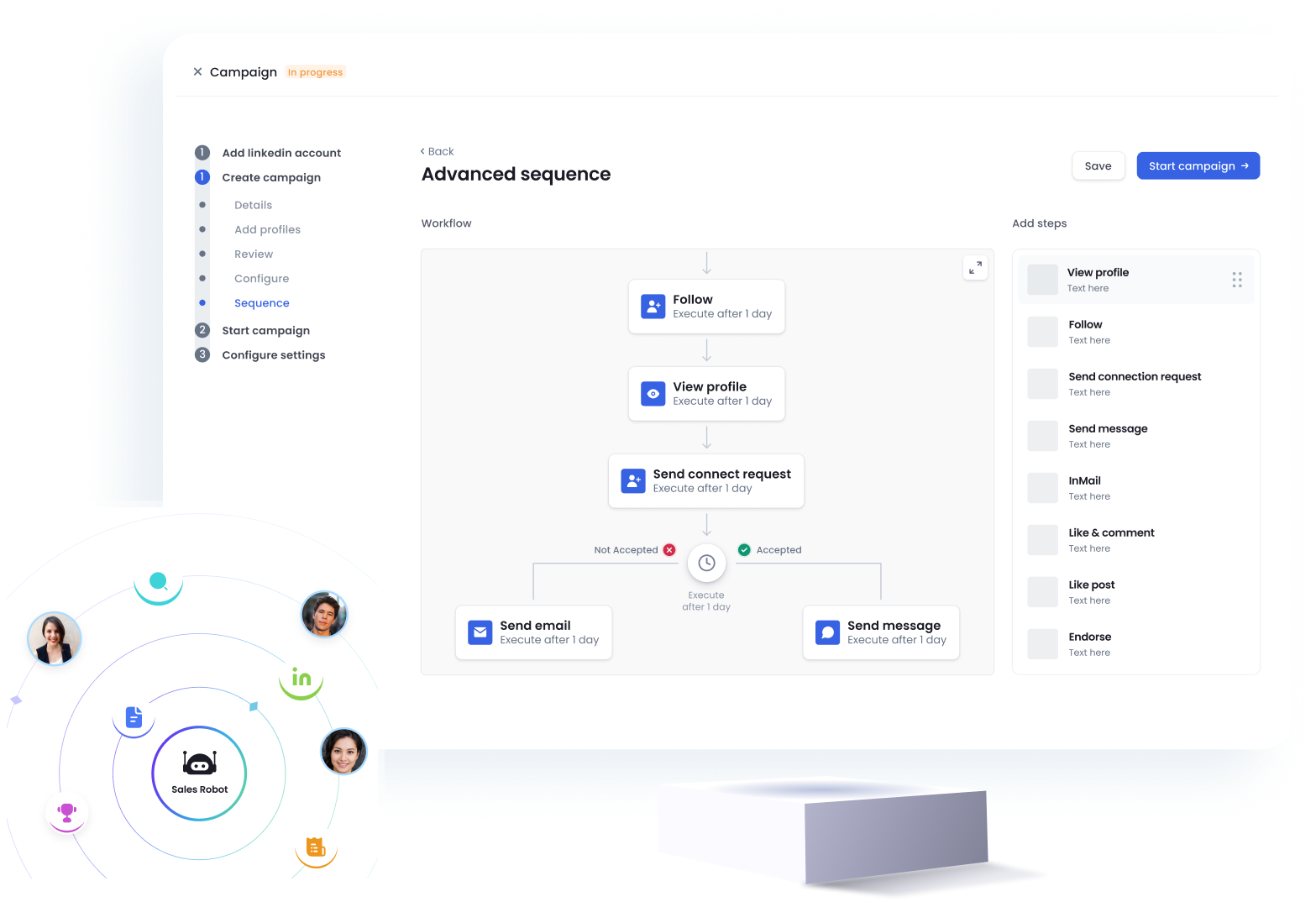 User interface showing an advanced sequence workflow for a LinkedIn campaign with steps like follow, view profile, send connect request, and conditional actions to send email or message based on acceptance status.