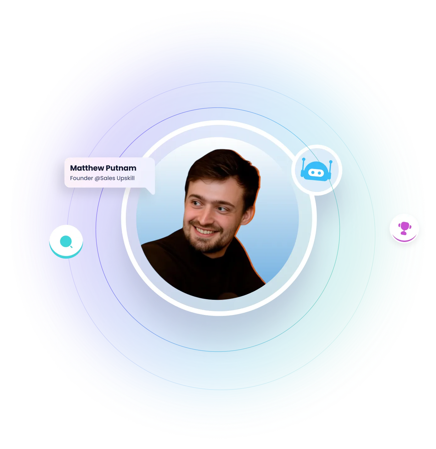 Portrait of a smiling young man with short dark hair and beard, named Matthew Putnam, founder at Sales Upskill, displayed in a circular frame with blue gradient background and small icons around.