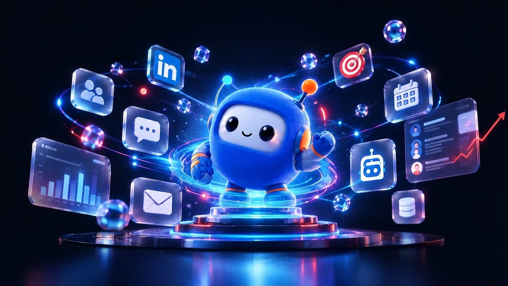 Cute blue robot with a smiling face standing on a glowing circular platform surrounded by floating icons representing social media, messaging, calendar, email, data analytics, users, chatbot, and a target.