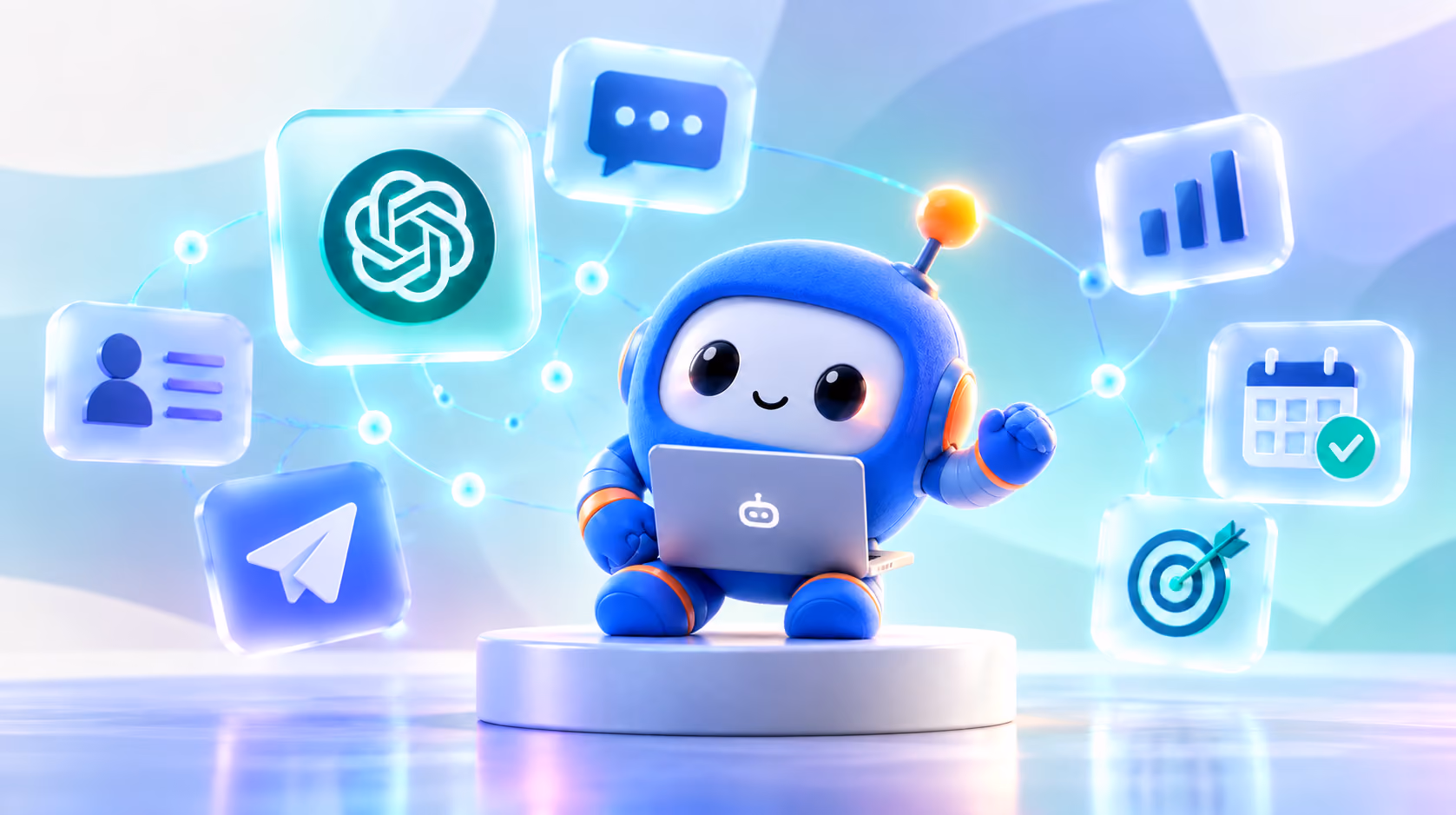 A cute blue robot with a small antenna and orange accents sits on a round platform holding a laptop with a robot icon, surrounded by floating icons representing communication, analytics, calendar, target, user profile, and a messaging app, connected by glowing lines.