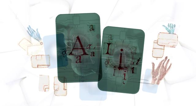 Two digitally illustrated green playing cards on a white background, with the letters A and I in capitals and lowercase calligraphy over modified photographs of human mouths in profile.