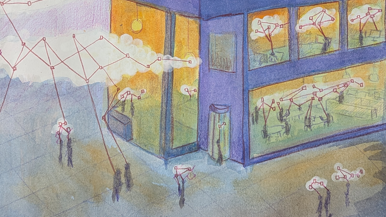 The image is of the exterior of an impression of a building. People and figures can be seen inside and outside of the building. There are clouds of network connections all around the building and inside. It relates to the digital networked workplace. 