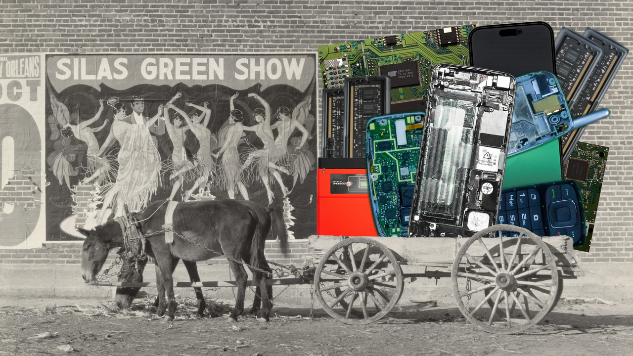 A vintage photograph of two donkeys hitched to a wooden cart feeding in a brick street with a collage of technology as their load.