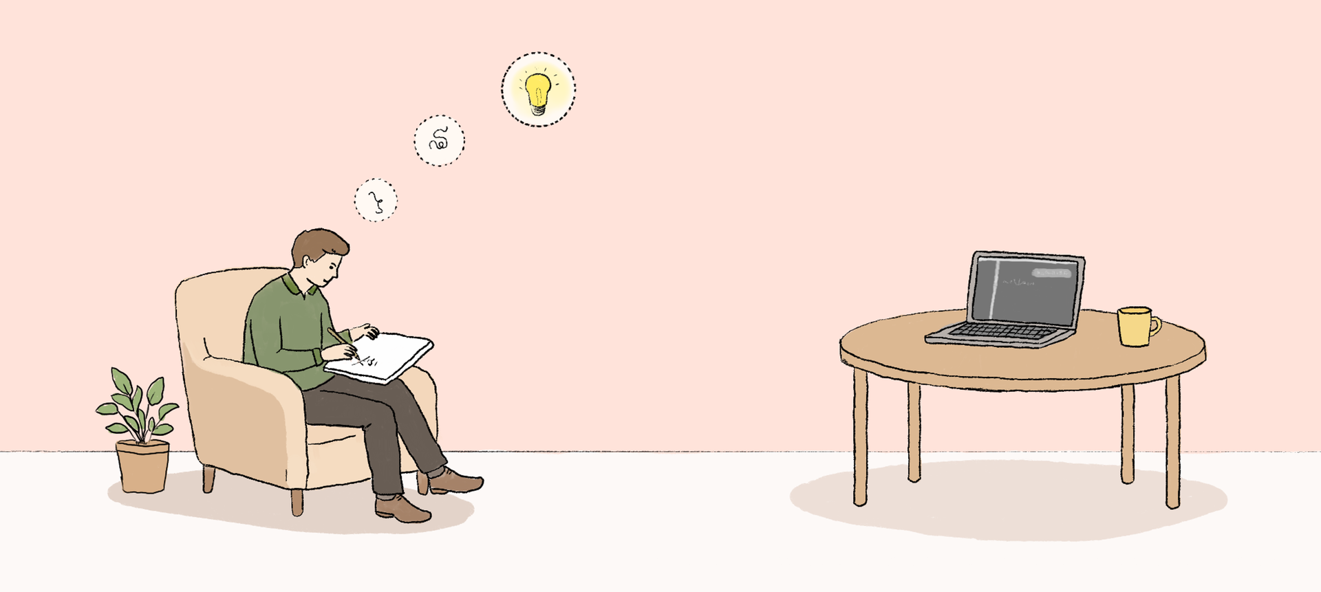 A person sits in an armchair and writes in a notebook, with speech bubbles showing indefinite strokes and then a lightbulb. Nearby, a table with a laptop showing an LLM chatbot interface and a cup. 