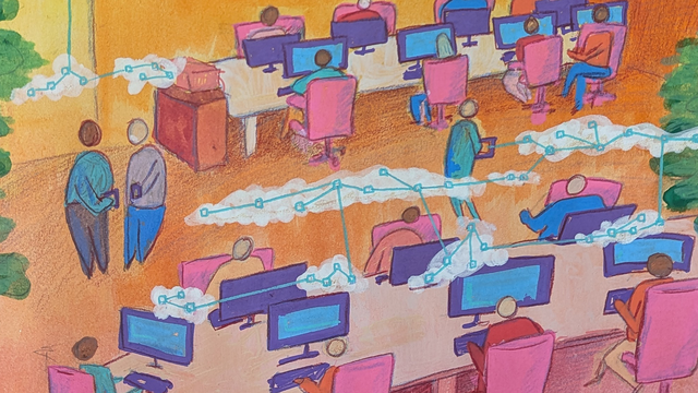A brightly coloured office populated with all kinds of people working at connected desks. There are computer screens and networks in the air in clouds. The image shows the connectivity of a digitally transformed workplace. It was drawn and painted using guache and pencil. 