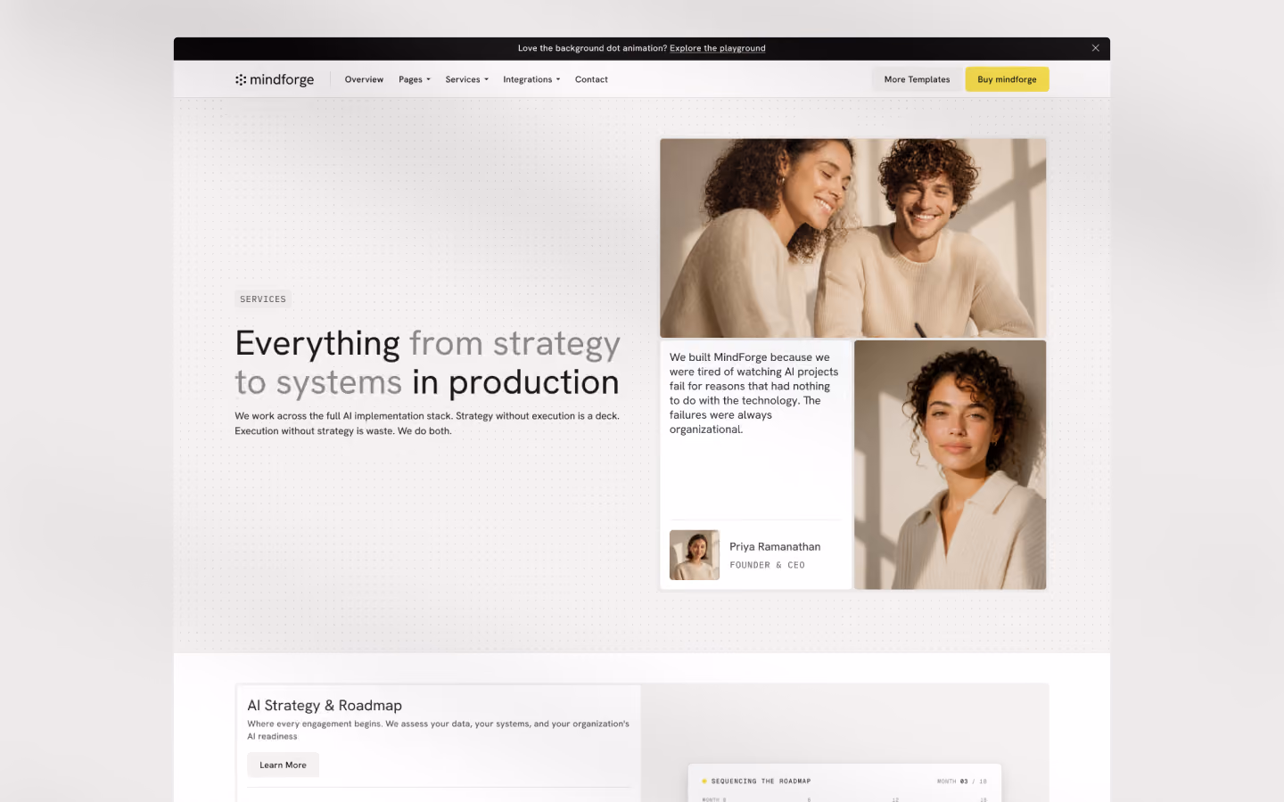 Mindforge template homepage hero with AI consulting headline and stats