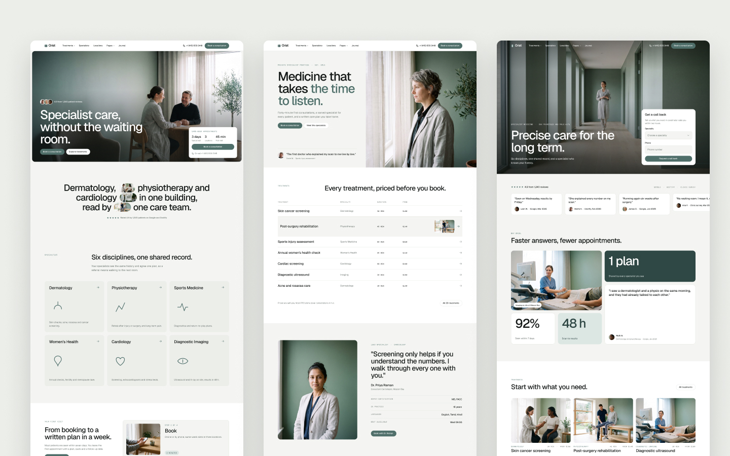 Three Oriel home page layouts for private clinics