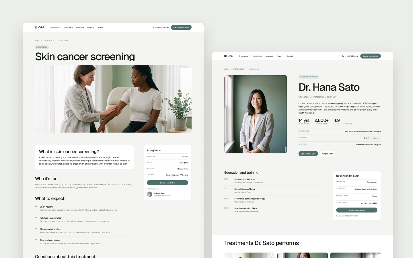 Oriel treatment detail and specialist profile pages